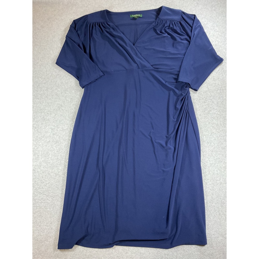 Lauren Ralph Lauren Navy Blue Faux Wrap Ruched Sheath Dress Womens 18W 1727